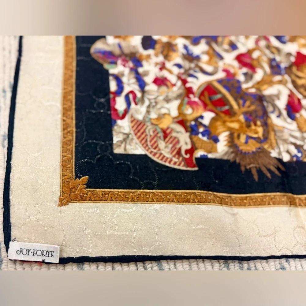 JOY FORTE Vintage 80’s 100% Silk Heraldic Crest Lion Coat Arms Multicolor Scarf